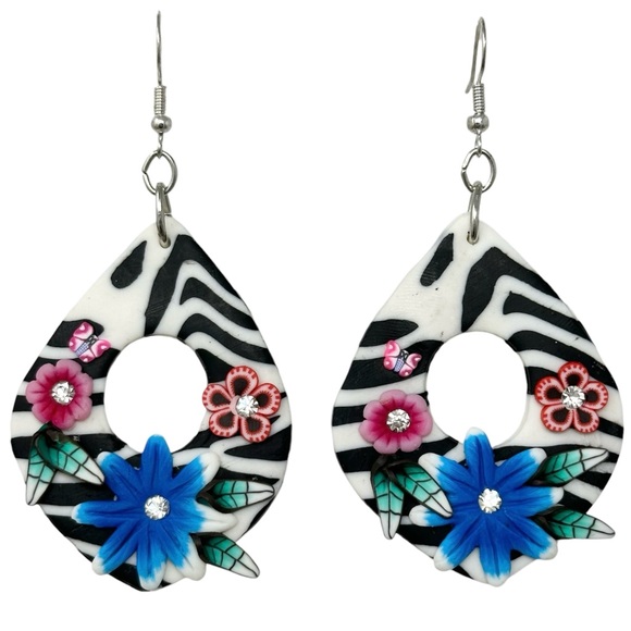 Flowers & Zebra Print Fimo Polymer Clay Handmade Dangle Earrings - Picture 1 of 3
